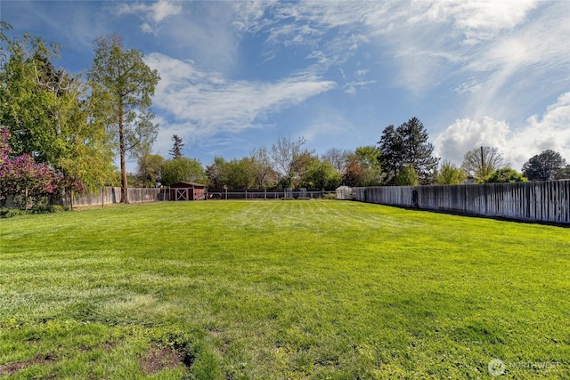 view of yard with an outbuilding and a fenced backyard