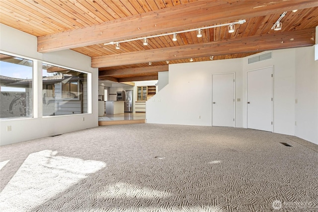 3884 Fort Bellingham Rd, Bellingham, WA 98225 - interior space with wood ceiling, rail lighting, carpet flooring, and visible vents