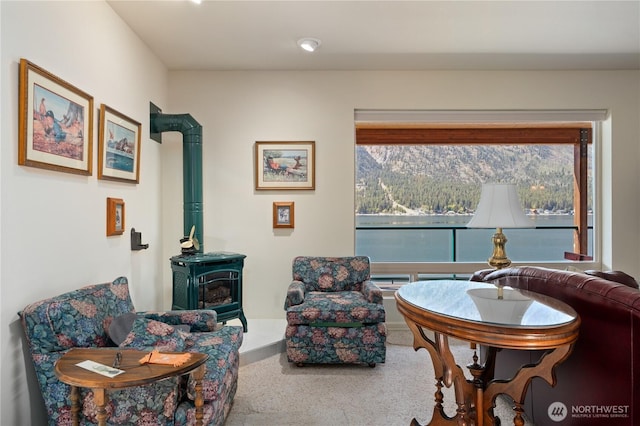 sitting room featuring a wood stove and carpet flooring