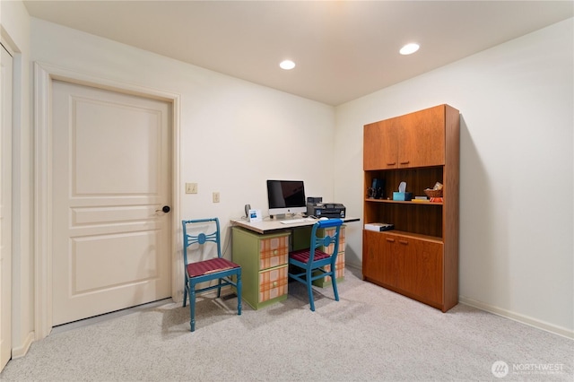 office area with baseboards, recessed lighting, and light colored carpet