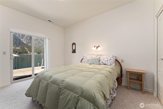 bedroom with access to exterior, carpet flooring, baseboards, and visible vents