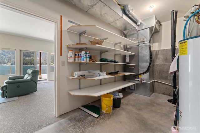 storage area featuring water heater