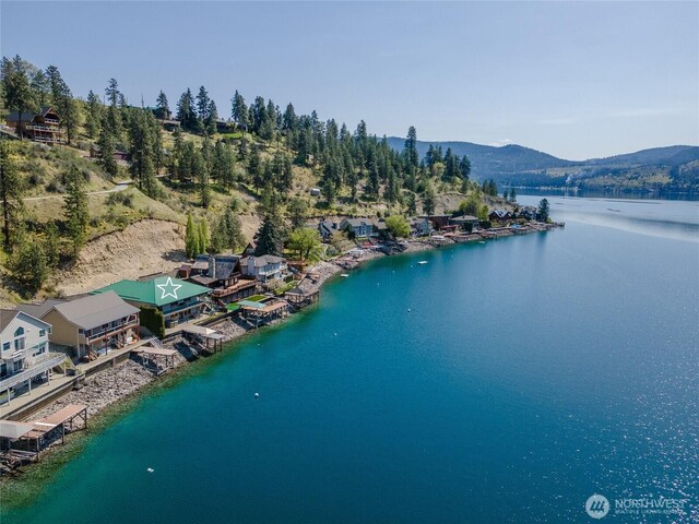 drone / aerial view with a water and mountain view