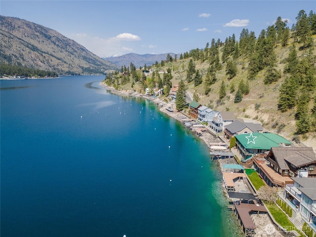 aerial view featuring a water and mountain view