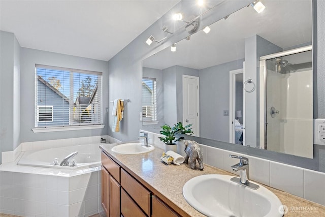 full bathroom featuring a bath, a sink, a shower stall, and double vanity