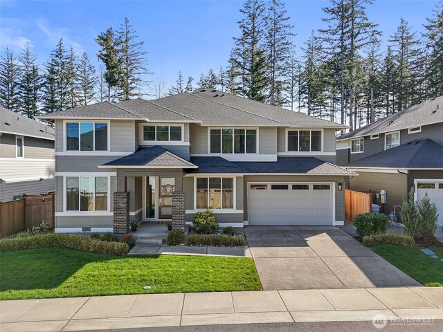 23386 Luna Ct, Black Diamond, WA 98010 - prairie-style home with a garage, driveway, a shingled roof, fence, and a front yard