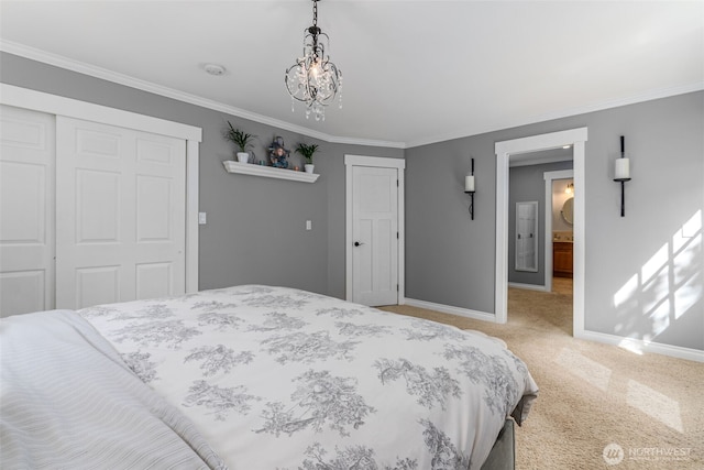 245 SE Bush St, Issaquah, WA 98027 - bedroom featuring a closet, light colored carpet, baseboards, crown molding, and a chandelier