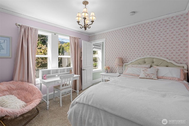 245 SE Bush St, Issaquah, WA 98027 - carpeted bedroom with ornamental molding, a chandelier, wallpapered walls, and baseboards