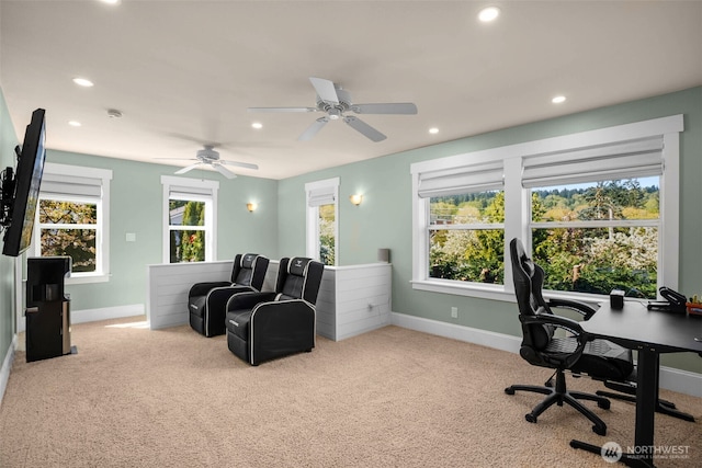 245 SE Bush St, Issaquah, WA 98027 - carpeted home theater featuring baseboards, recessed lighting, and ceiling fan