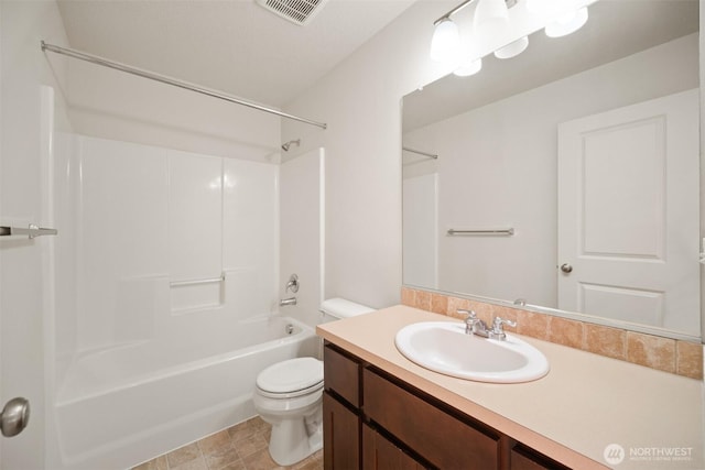 full bathroom featuring tub / shower combination, visible vents, toilet, and vanity