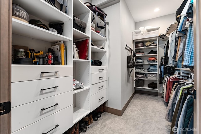 walk in closet with light carpet
