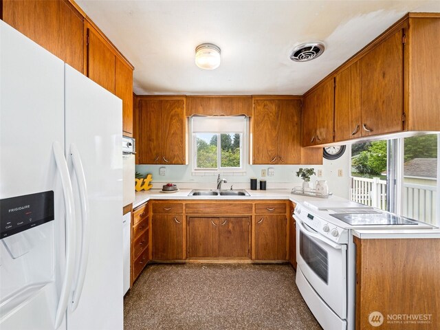 kitchen featuring a sink, brown cabinets, plenty of natural light, and white appliances