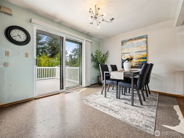 dining area with baseboards, a chandelier, and visible vents