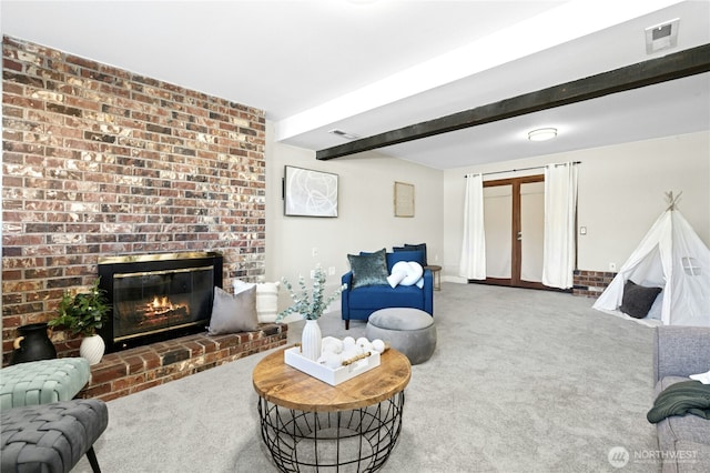 2524 171st St SE, Bothell, WA 98012 - living area with carpet, a brick fireplace, and beam ceiling