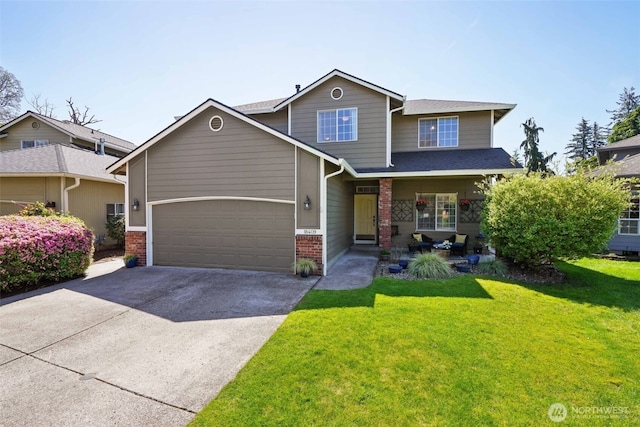 18409 SE 24th Cir, Vancouver, WA 98683 - view of front facade featuring a porch, driveway, a garage, brick siding, and a front lawn