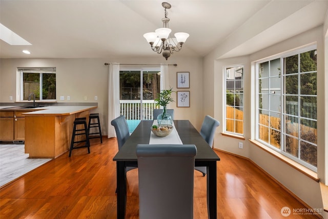 dining room featuring wood finished floors, a notable chandelier, and a wealth of natural light