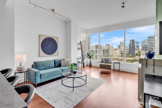 living area featuring a view of skyline, plenty of natural light, wood finished floors, and rail lighting