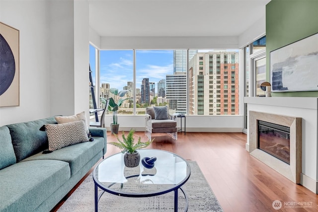 living room with a view of skyline, wood finished floors, a glass covered fireplace, and baseboards
