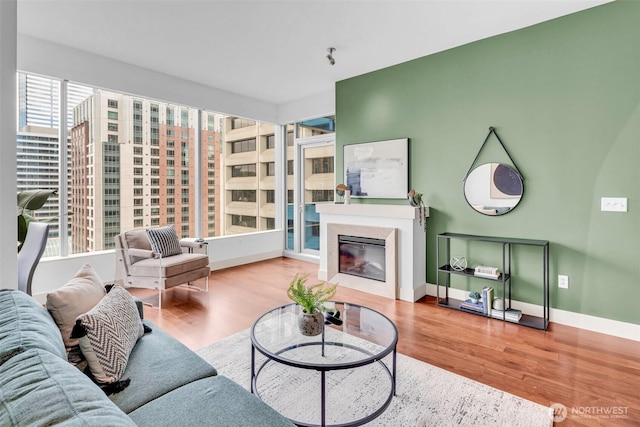 living area with wood finished floors, a glass covered fireplace, and baseboards