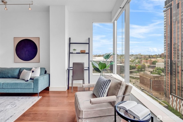 living room with wood finished floors, track lighting, a view of city, and baseboards
