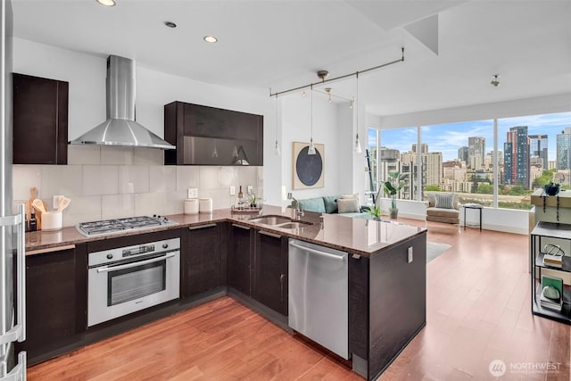 kitchen featuring stainless steel appliances, a sink, wall chimney range hood, dark brown cabinetry, and tasteful backsplash
