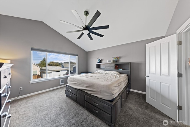 bedroom featuring vaulted ceiling, dark colored carpet, visible vents, and baseboards