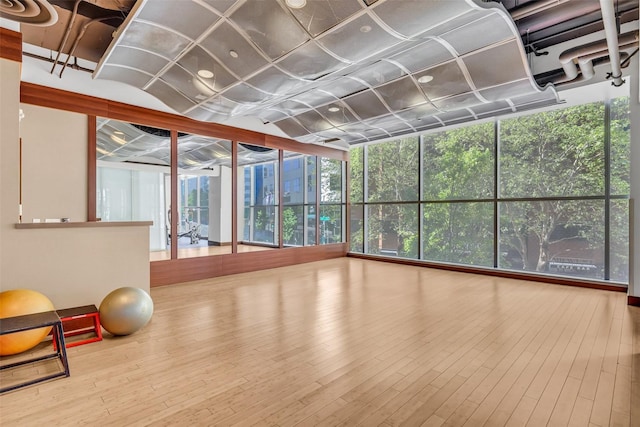 workout area featuring floor to ceiling windows and wood finished floors