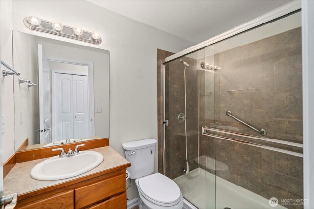 full bathroom featuring toilet, a shower stall, and vanity