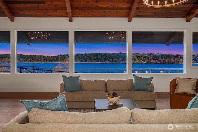 5023 Harbor Hills Dr, Freeland, WA 98249 - patio terrace at dusk with a water view and an outdoor living space