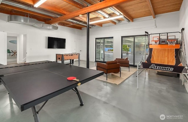 5023 Harbor Hills Dr, Freeland, WA 98249 - game room featuring concrete floors, wood ceiling, and beamed ceiling