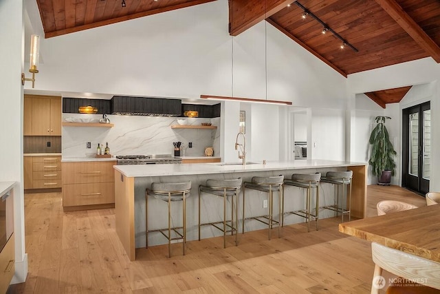 5023 Harbor Hills Dr, Freeland, WA 98249 - kitchen with a sink, modern cabinets, wood ceiling, light countertops, and rail lighting