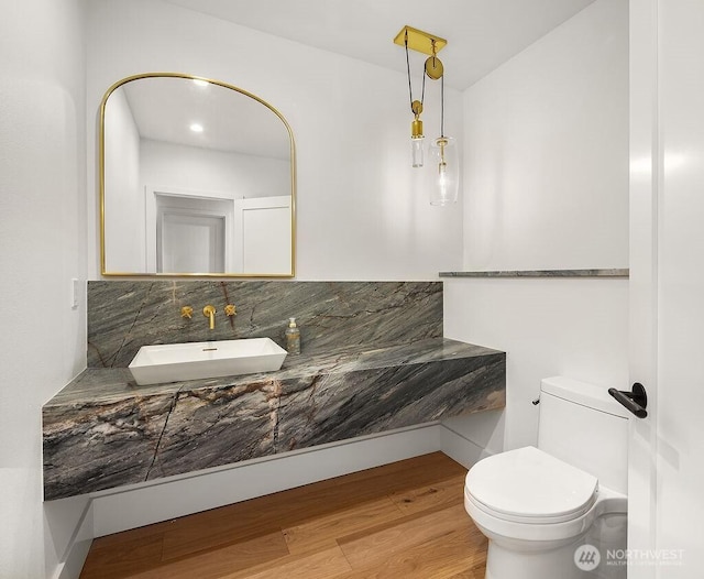 5023 Harbor Hills Dr, Freeland, WA 98249 - bathroom featuring backsplash, toilet, vanity, and wood finished floors