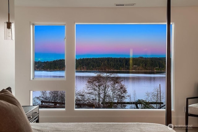5023 Harbor Hills Dr, Freeland, WA 98249 - interior space featuring a view of trees, visible vents, and a water view