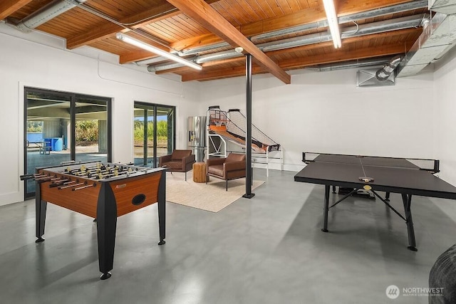 5023 Harbor Hills Dr, Freeland, WA 98249 - rec room featuring concrete flooring, beam ceiling, and wood ceiling