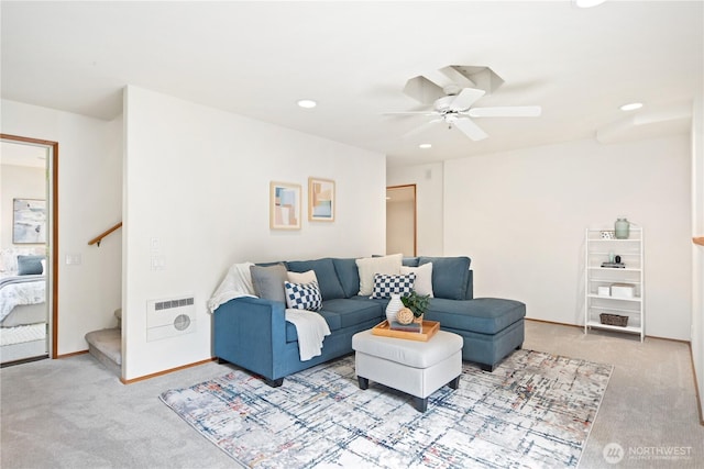 living area with stairway, ceiling fan, carpet floors, baseboards, and recessed lighting