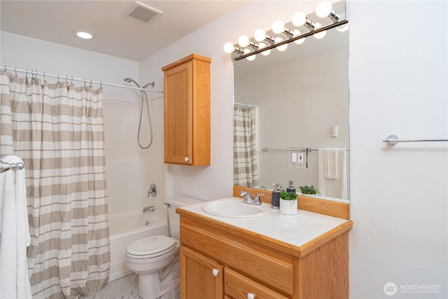 full bathroom featuring toilet, vanity, shower / tub combo with curtain, and visible vents