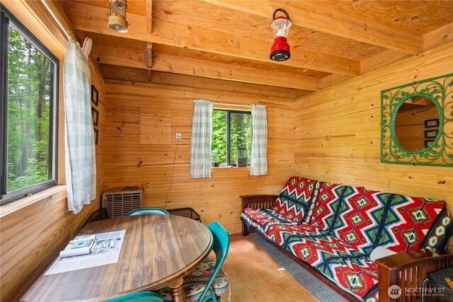 89 Eliza Is, Bellingham, WA 98226 - interior space featuring wooden walls and beamed ceiling