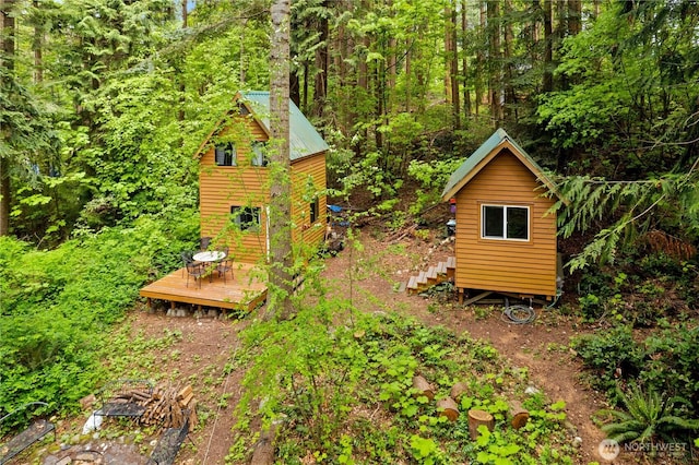 89 Eliza Is, Bellingham, WA 98226 - view of outdoor structure with stairway and a forest view