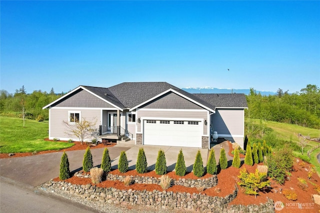 craftsman-style house with an attached garage, driveway, stone siding, and a front yard