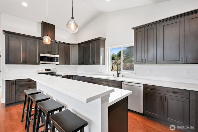 kitchen featuring a kitchen breakfast bar, a center island, a sink, vaulted ceiling, and stainless steel appliances