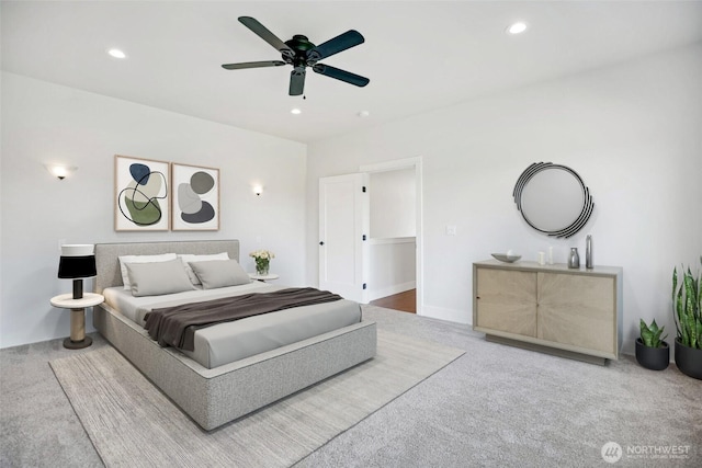 carpeted bedroom featuring recessed lighting and ceiling fan