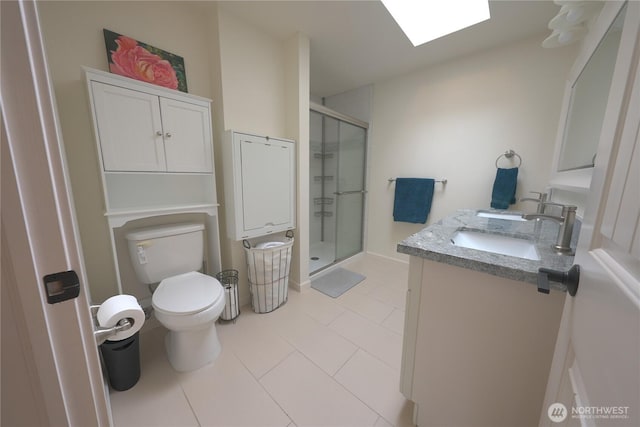 bathroom with vanity, tile patterned flooring, a shower stall, and toilet