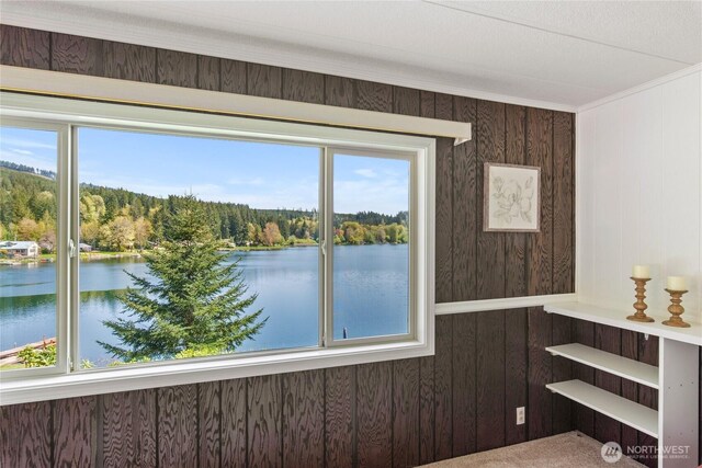 interior space featuring ornamental molding, a water view, and wood walls