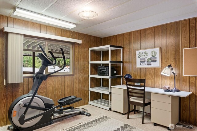 workout area with wood walls and light colored carpet