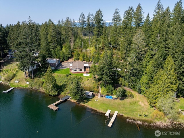 drone / aerial view with a water view and a forest view