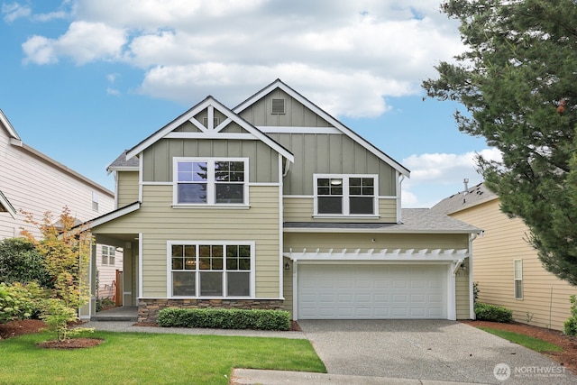 13117 NE 139th Ct, Kirkland, WA 98034 - craftsman inspired home with board and batten siding, a garage, concrete driveway, and a front lawn