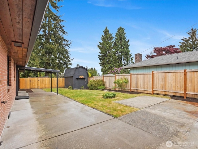 view of yard featuring a patio area, an outbuilding, and a storage shed