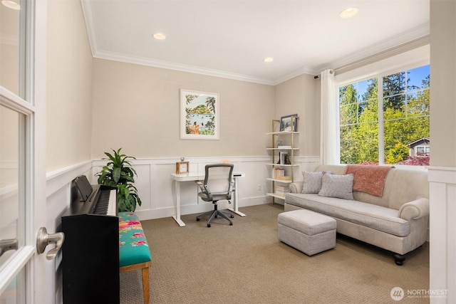 carpeted home office featuring recessed lighting, wainscoting, and crown molding