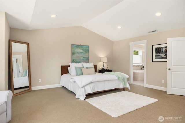 bedroom with baseboards, carpet, vaulted ceiling, and visible vents