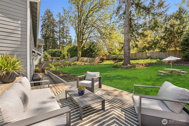 view of patio with an outdoor hangout area and a fenced backyard